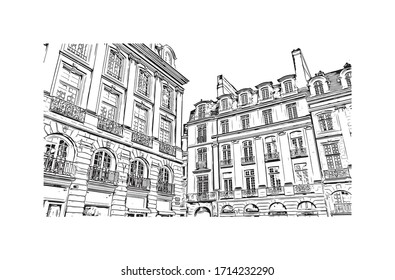 Building view with landmark of Rennes is the capital city of Brittany, northwest France. Hand drawn sketch illustration in vector.