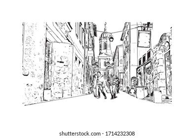 Building view with landmark of Rennes is the capital city of Brittany, northwest France. Hand drawn sketch illustration in vector.