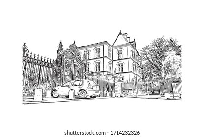 Building view with landmark of Rennes is the capital city of Brittany, northwest France. Hand drawn sketch illustration in vector.