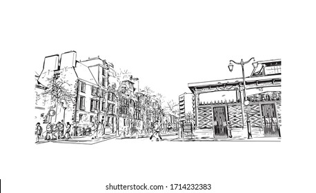 Building view with landmark of Rennes is the capital city of Brittany, northwest France. Hand drawn sketch illustration in vector.