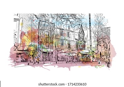 Building view with landmark of Rennes is the capital city of Brittany, northwest France. Watercolor splash with Hand drawn sketch illustration in vector.