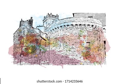 Building view with landmark of Rennes is the capital city of Brittany, northwest France. Watercolor splash with Hand drawn sketch illustration in vector.