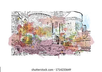 Building view with landmark of Rennes is the capital city of Brittany, northwest France. Watercolor splash with Hand drawn sketch illustration in vector.