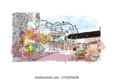 Building view with landmark of Rennes is the capital city of Brittany, northwest France. Watercolor splash with Hand drawn sketch illustration in vector.