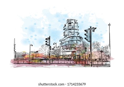 Building view with landmark of Rennes is the capital city of Brittany, northwest France. Watercolor splash with Hand drawn sketch illustration in vector.