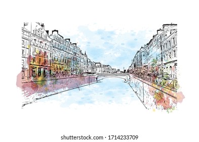 Building view with landmark of Rennes is the capital city of Brittany, northwest France. Watercolor splash with Hand drawn sketch illustration in vector.