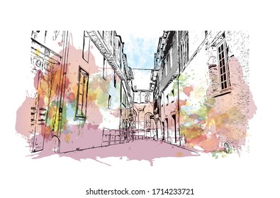 Building view with landmark of Rennes is the capital city of Brittany, northwest France. Watercolor splash with Hand drawn sketch illustration in vector.