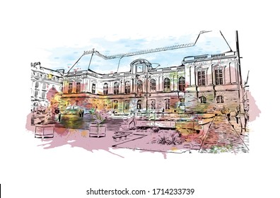 Building view with landmark of Rennes is the capital city of Brittany, northwest France. Watercolor splash with Hand drawn sketch illustration in vector.