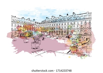 Building view with landmark of Rennes is the capital city of Brittany, northwest France. Watercolor splash with Hand drawn sketch illustration in vector.