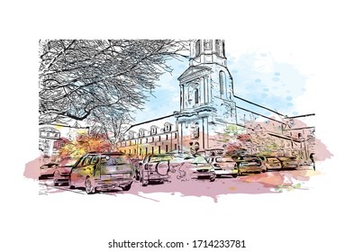 Building view with landmark of Rennes is the capital city of Brittany, northwest France. Watercolor splash with Hand drawn sketch illustration in vector.