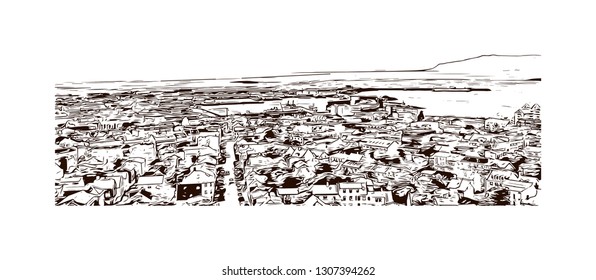 Building view with landmark of Reykjavik, on the coast of Iceland, is the country's capital and largest city. Hand drawn sketch  illustration in vector.