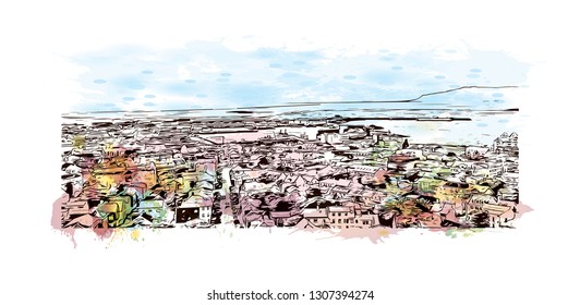 Building view with landmark of Reykjavik, on the coast of Iceland, is the country's capital and largest city. Watercolor splash with Hand drawn sketch  illustration in vector.