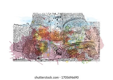 Building view with landmark of Rhodes is the principal city and a former municipality on the island of Rhodes in the Dodecanese, Greece. Watercolor splash in Hand drawn sketch illustration in vector.