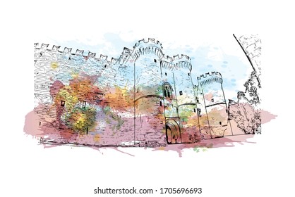 Building view with landmark of Rhodes is the principal city and a former municipality on the island of Rhodes in the Dodecanese, Greece. Watercolor splash in Hand drawn sketch illustration in vector.