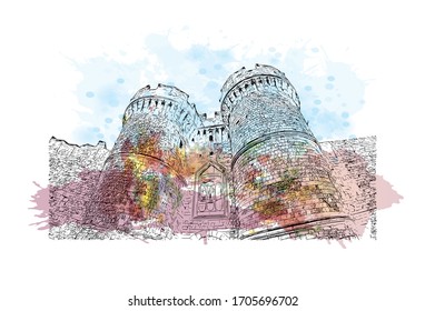 Building view with landmark of Rhodes is the principal city and a former municipality on the island of Rhodes in the Dodecanese, Greece. Watercolor splash in Hand drawn sketch illustration in vector.