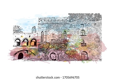 Building view with landmark of Rhodes is the principal city and a former municipality on the island of Rhodes in the Dodecanese, Greece. Watercolor splash in Hand drawn sketch illustration in vector.