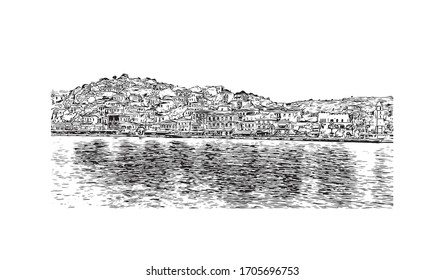 Building view with landmark of Rhodes is the principal city and a former municipality on the island of Rhodes in the Dodecanese, Greece. Hand drawn sketch illustration in vector.