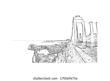 Building view with landmark of Rhodes is the principal city and a former municipality on the island of Rhodes in the Dodecanese, Greece. Hand drawn sketch illustration in vector.