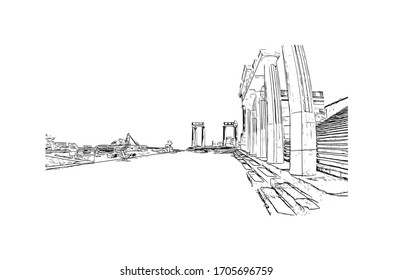 Building view with landmark of Rhodes is the principal city and a former municipality on the island of Rhodes in the Dodecanese, Greece. Hand drawn sketch illustration in vector.