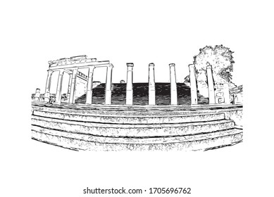 Building view with landmark of Rhodes is the principal city and a former municipality on the island of Rhodes in the Dodecanese, Greece. Hand drawn sketch illustration in vector.