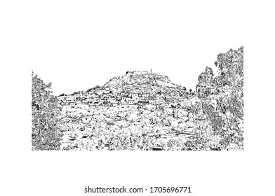 Building view with landmark of Rhodes is the principal city and a former municipality on the island of Rhodes in the Dodecanese, Greece. Hand drawn sketch illustration in vector.