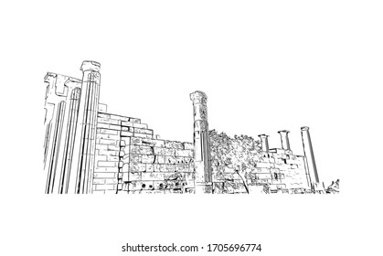 Building view with landmark of Rhodes is the principal city and a former municipality on the island of Rhodes in the Dodecanese, Greece. Hand drawn sketch illustration in vector.