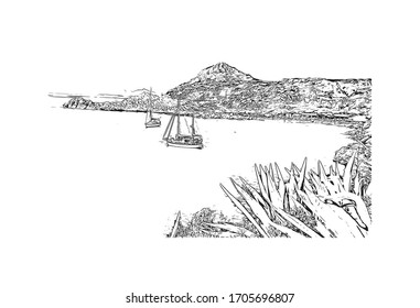 Building view with landmark of Rhodes is the principal city and a former municipality on the island of Rhodes in the Dodecanese, Greece. Hand drawn sketch illustration in vector.