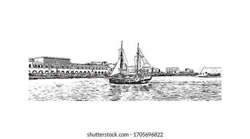 Building view with landmark of Rhodes is the principal city and a former municipality on the island of Rhodes in the Dodecanese, Greece. Hand drawn sketch illustration in vector.