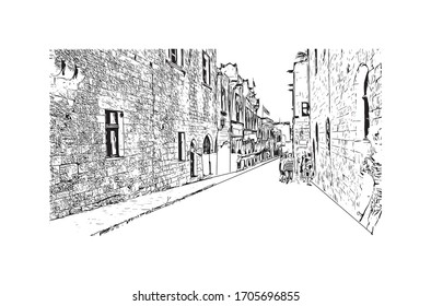 Building view with landmark of Rhodes is the principal city and a former municipality on the island of Rhodes in the Dodecanese, Greece. Hand drawn sketch illustration in vector.