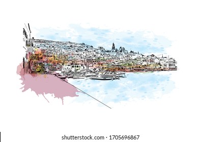 Building view with landmark of Rhodes is the principal city and a former municipality on the island of Rhodes in the Dodecanese, Greece. Watercolor splash in Hand drawn sketch illustration in vector.