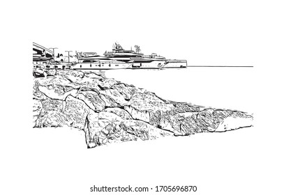 Building view with landmark of Rhodes is the principal city and a former municipality on the island of Rhodes in the Dodecanese, Greece. Hand drawn sketch illustration in vector.