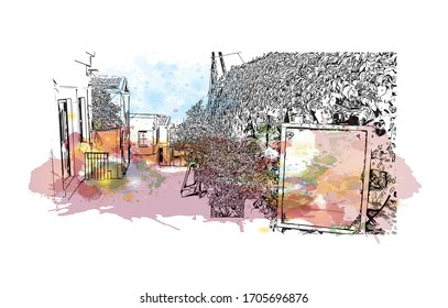 Building view with landmark of Rhodes is the principal city and a former municipality on the island of Rhodes in the Dodecanese, Greece. Watercolor splash in Hand drawn sketch illustration in vector.