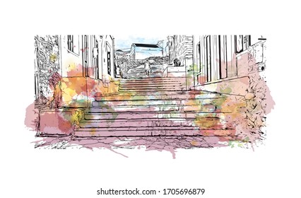 Building view with landmark of Rhodes is the principal city and a former municipality on the island of Rhodes in the Dodecanese, Greece. Watercolor splash in Hand drawn sketch illustration in vector.