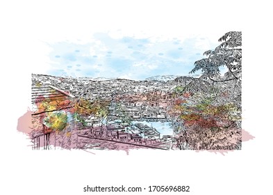 Building view with landmark of Rhodes is the principal city and a former municipality on the island of Rhodes in the Dodecanese, Greece. Watercolor splash in Hand drawn sketch illustration in vector.