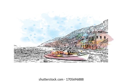 Building view with landmark of Rhodes is the principal city and a former municipality on the island of Rhodes in the Dodecanese, Greece. Watercolor splash in Hand drawn sketch illustration in vector.