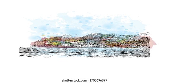 Building view with landmark of Rhodes is the principal city and a former municipality on the island of Rhodes in the Dodecanese, Greece. Watercolor splash in Hand drawn sketch illustration in vector.