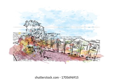 Building view with landmark of Rhodes is the principal city and a former municipality on the island of Rhodes in the Dodecanese, Greece. Watercolor splash in Hand drawn sketch illustration in vector.