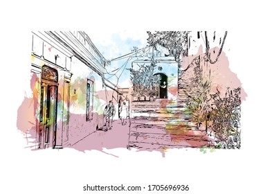 Building view with landmark of Rhodes is the principal city and a former municipality on the island of Rhodes in the Dodecanese, Greece. Watercolor splash in Hand drawn sketch illustration in vector.