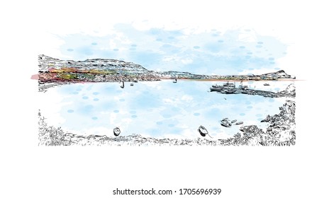 Building view with landmark of Rhodes is the principal city and a former municipality on the island of Rhodes in the Dodecanese, Greece. Watercolor splash in Hand drawn sketch illustration in vector.