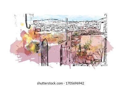 Building view with landmark of Rhodes is the principal city and a former municipality on the island of Rhodes in the Dodecanese, Greece. Watercolor splash in Hand drawn sketch illustration in vector.