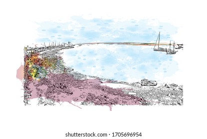 Building view with landmark of Rhodes is the principal city and a former municipality on the island of Rhodes in the Dodecanese, Greece. Watercolor splash in Hand drawn sketch illustration in vector.