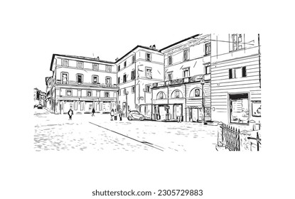 Building view with landmark Rieti is a town in Italy. Hand drawn sketch illustration in vector.