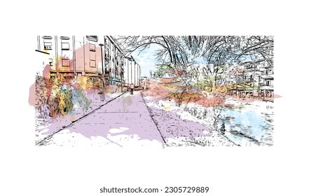 Building view with landmark Rieti is a town in Italy. Watercolor splash with hand drawn sketch illustration in vector.