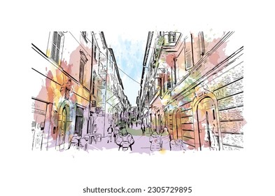 Building view with landmark Rieti is a town in Italy. Watercolor splash with hand drawn sketch illustration in vector.