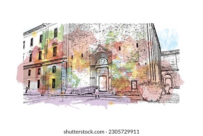 Building view with landmark Rieti is a town in Italy. Watercolor splash with hand drawn sketch illustration in vector.