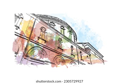 Building view with landmark Rieti is a town in Italy. Watercolor splash with hand drawn sketch illustration in vector.