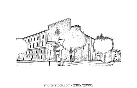 Building view with landmark Rieti is a town in Italy. Hand drawn sketch illustration in vector.