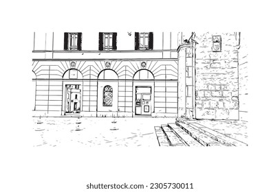 Building view with landmark Rieti is a town in Italy. Hand drawn sketch illustration in vector.