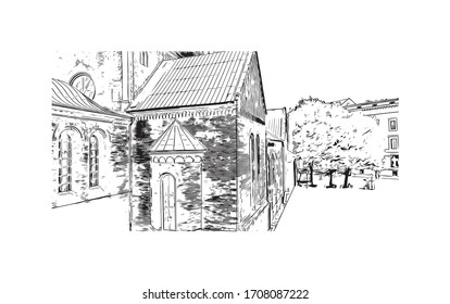Building view with landmark of Riga, Latvia’s capital, is set on the Baltic Sea at the mouth of the River Daugava. Hand drawn sketch illustration in vector.