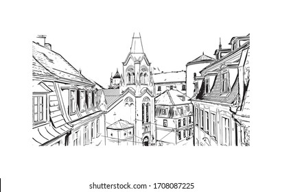 Building view with landmark of Riga, Latvia’s capital, is set on the Baltic Sea at the mouth of the River Daugava. Hand drawn sketch illustration in vector.